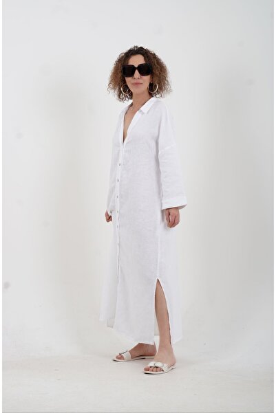Zelish My Sister Φόρεμα πουκάμισο από φυσικό λευκό λινό