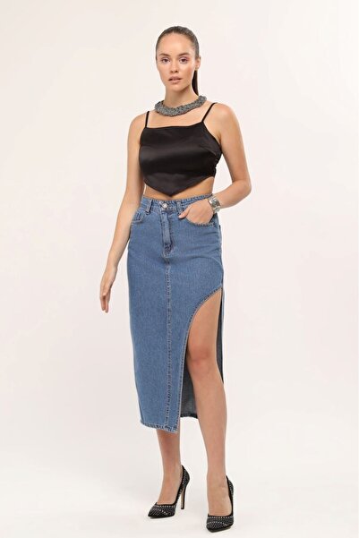 Trn JNS Trend Jean Kadın Orta Mavi  Od Renk Yandan Derin Yırtmaç Detaylı Uzun Denim Etek( New Sezon)