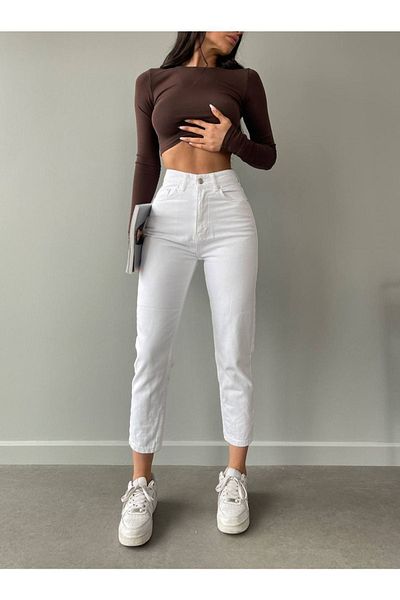 dressmix Women's High Waist White Boyfriend Jeans Lycra Stretchy Jeans