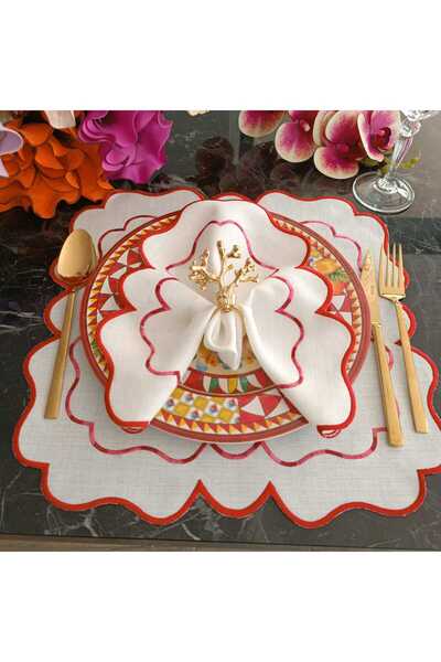 LASETU Kırmızı ve ebruli bordo detaylı amerikan servis, supla leke tutamaz kumaş özellikli 4 adet