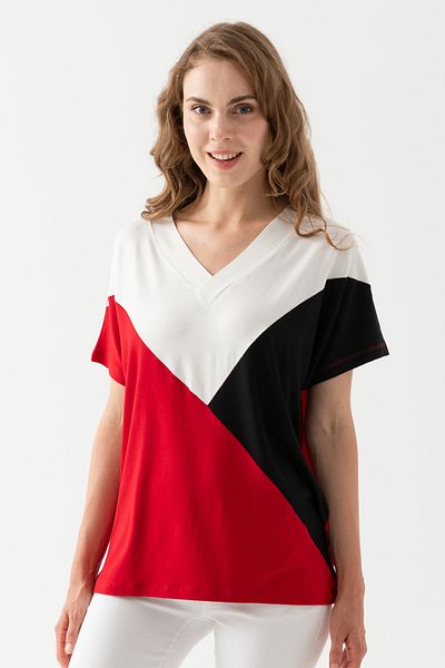 EtkiModa Alb Negru Roșu Bloc Model - Bluză de damă din viscoză cu mânecă liliac