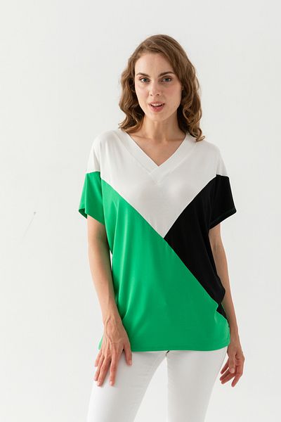 EtkiModa Λευκή Πράσινη Ροζ Βισκόζη Χτενισμένη Βαμβακερή Μπλούζα - Μανίκια Νυχτερίδας, Μπλοκ Μοτίβο