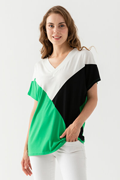 EtkiModa Bluză din bumbac pieptănat din viscoză, alb, verde, roz - mânecă liliac, model bloc