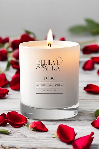 Believe Your Aura Gül Kokulu Mum - %100 Doğal Soya Mumu Aromaterapi Bardak Mu...