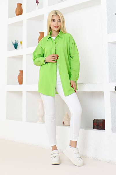 FATELLA Kadın Düz Renk Keten Rahat Kesim Oversize Uzun Basic Yeşil Gömlek