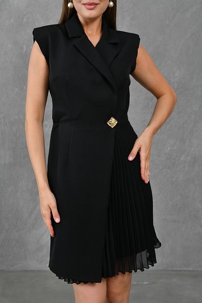 WOMAN VISION Fusta de damă plisată cu jachetă la două piept, cu rever, fără mâneci, scurtă, neagră, rochie de seară 24K2179