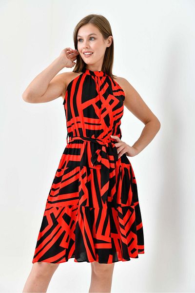 vuvutasarım Red Striped - Rubber Waist Belted Crew Neck Flared Cut Summer Dress 2041