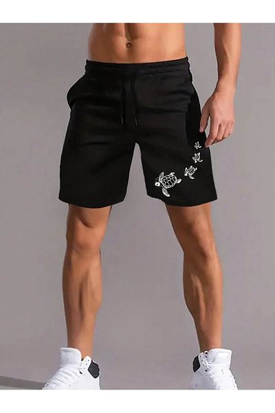 Boi Four Turtles Print Unisex Μαύρο γκρι σορτς - Ψηλόμεση και πλεκτές τσέπες