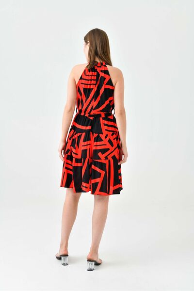 vuvutasarım Red Striped - Rubber Waist Belted Crew Neck Flared Cut Summer Dress 2041