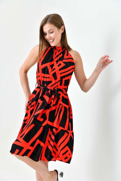 vuvutasarım Red Striped - Rubber Waist Belted Crew Neck Flared Cut Summer Dress 2041