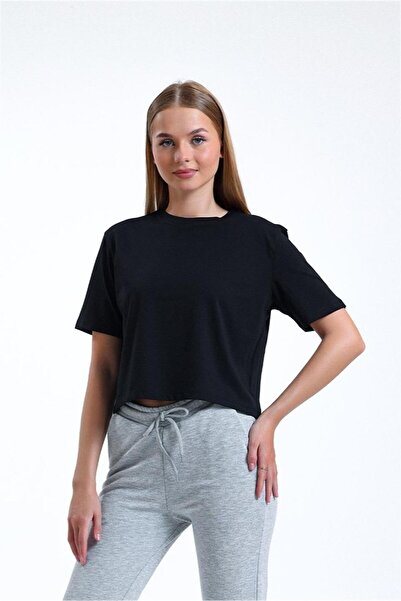 pulur.co تي شيرت أسود بأكمام قصيرة وياقة دائرية مصنوع من القطن بنسبة 100%