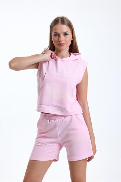 pulur.co تي شيرت رياضي قصير بغطاء للرأس بدون أكمام باللون الوردي