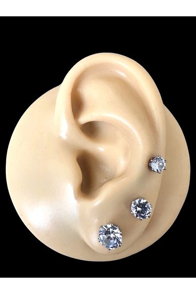 MAZEN 3 pieces of 3 different sizes steel single earrings silver color hypoallergenic