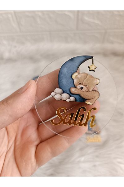 doğrukan Transparent Plexiglass Newborn Birthday Magnet Gift with Teddy Bear Figure on the Moon (10 Pieces)