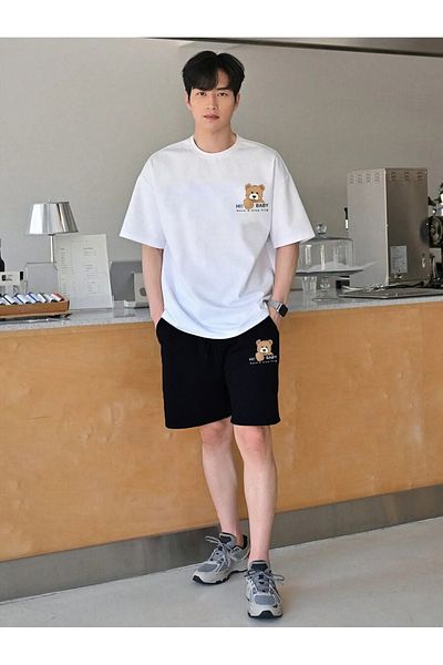 Boi Teddy Bear Printed Oversize T-Shirt and Shorts Set - Black and White Summer Set