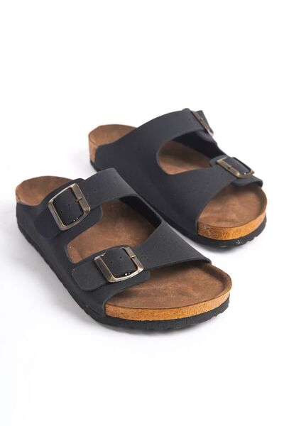 ZİESCE Papuci de zi cu zi pentru femei, negri, NUBUCK, cu curele duble, cu cataramă reglabilă