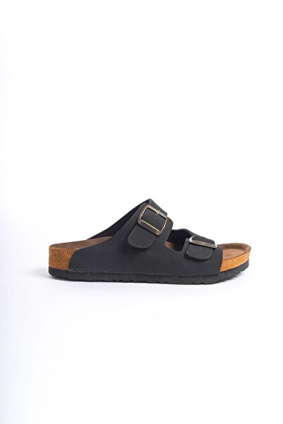 ZİESCE Papuci de zi cu zi pentru femei, negri, NUBUCK, cu curele duble, cu cataramă reglabilă