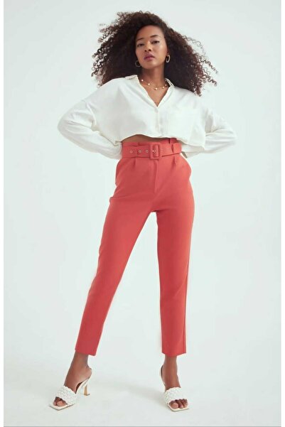 Sateen Yüksek Bel Kemerli Pantolon