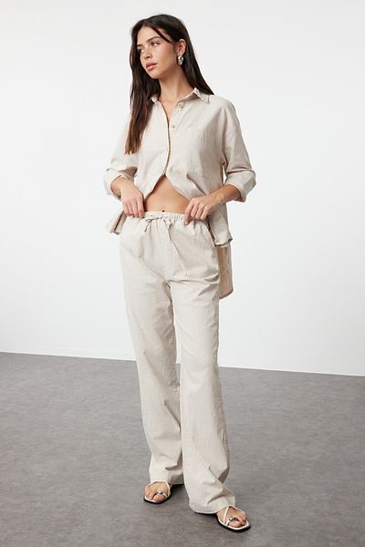 Trendyol Collection High Waist Beige Linen Striped Wide Leg Trousers - TWOAW25JE00013