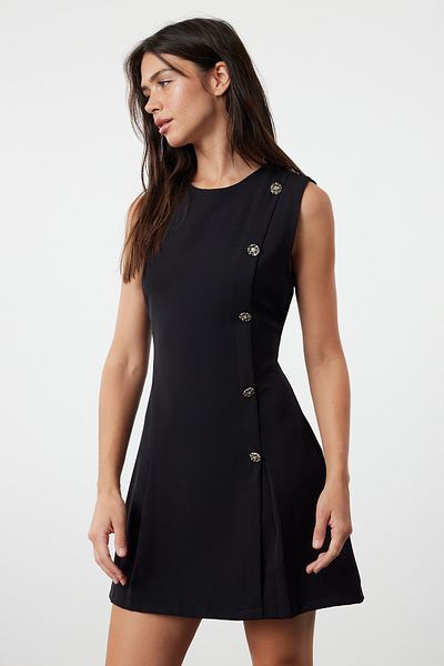 Trendyol Collection Detailní černé tkané mini šaty s rovným střihem TWOSS24EL00704