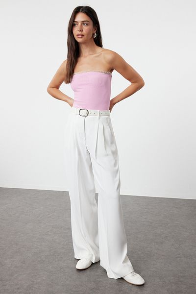 Trendyol Collection Ροζ στράπλες υφαντό γαρνιρισμένο βαμβακερό μπλούζα - με ραβδώσεις TWOSS24BZ00361