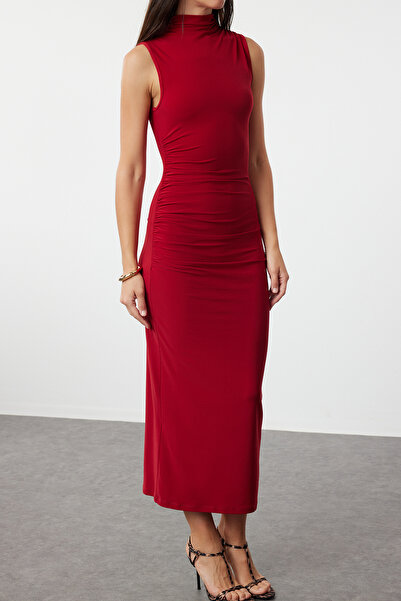 Trendyol Collection Rugalmas piros Maxi Bodycon ruha - Zero Sleeve, Draped, Gathered - TWOSS24EL00101