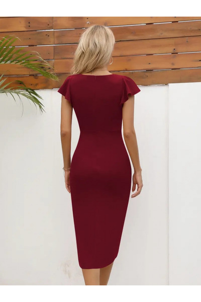 Moka Shopin Heart Collar Midi Crepe Dress - Short Sleeve with Side Gather Detail