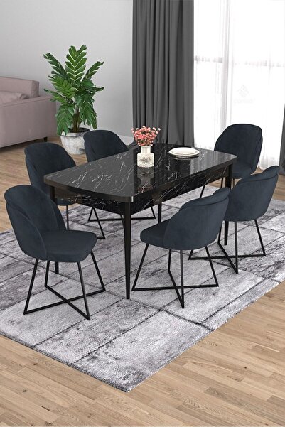 Canisa Orf Serisi 80x132 Açılabilir Beyaz Mermer Desen Mutfak Masası Takımı V...