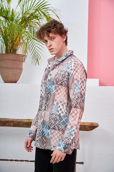 Rocqerx R-3651 Cămașă cu mânecă lungă, cu guler în picioare, cu model Kilim