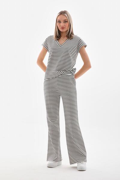 Barbara Baileys Siyah Ekru Çizgili Petek Desen Kadın Pantolon