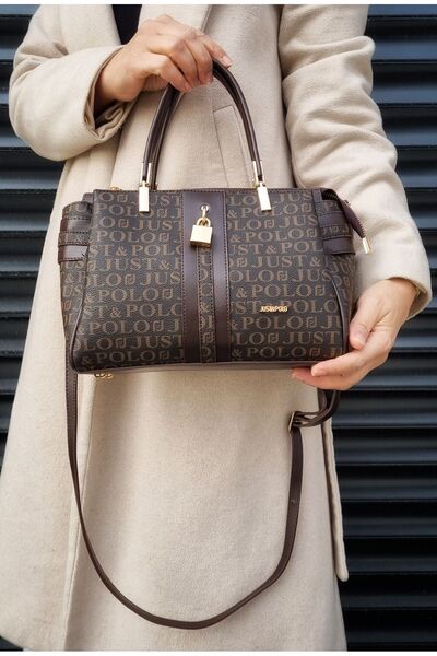Just Polo حقيبة يد وكتف نسائية من جلد التمساح البني مكونة من 6 أقسام