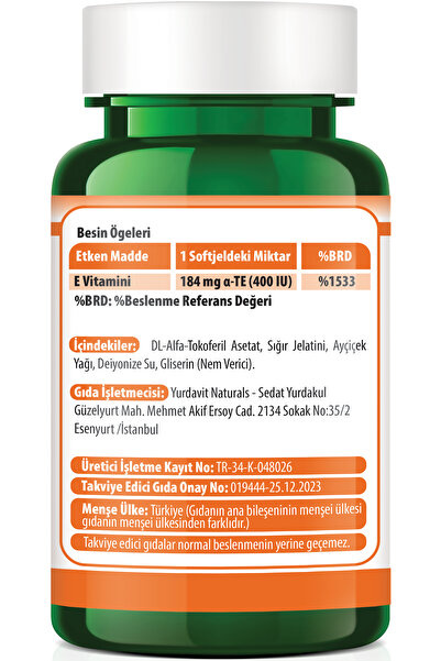 Yurdavit E Vitamini 100 Kapsül 400 Ünite Aromasız
