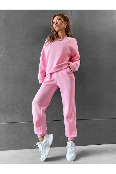 Cool Art Basic Kalın Kışlık Sweatshirt Eşofman Altı Jogger - Pembe Alt Üst Eşofman Takımı Bisiklet Yaka
