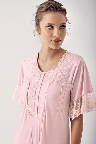 Artış Stretchy Viscous Short Sleeve Nightgown - Ruched and Buttoned 14105