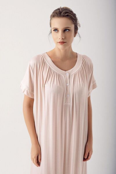 Artış Short Sleeve Striped Viscous Nightgown - Lycra, Buttoned 14115