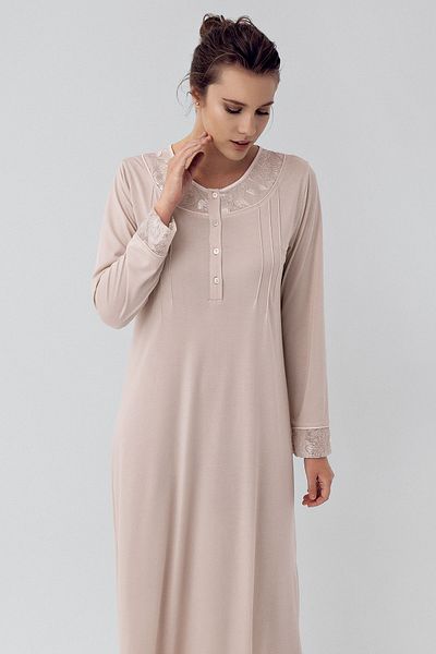 Artış Stretchy Viscous Long Sleeve Nightgown - Button and Lace