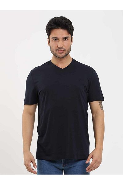 Dufy Ανδρικό μπλουζάκι με λεπτή εφαρμογή Navy Blue με λαιμόκοψη - 105594