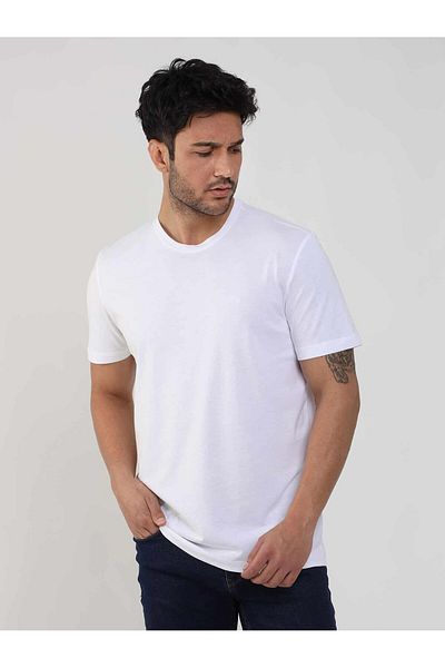 Dufy Men's Slim Fit White T-shirt - Plain O Neck -105456