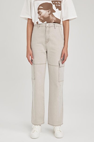 DeFacto High Waist Wide Leg 90s Cargo Jeans - 100% Cotton A3468ax23sm
