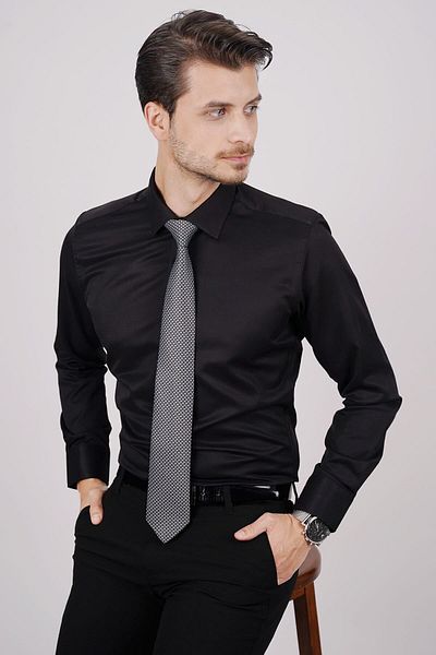 Etikmen Μαύρο Slimfit πουκάμισο Dobby & Γραβάτα με μαύρο γκρι σχέδιο σε συσκευασία δώρου