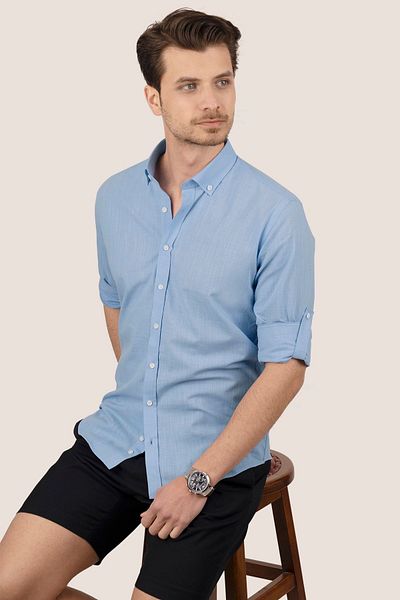 Etikmen Leinen Slimfit Herrenhemd - Blauer Kragen, geknöpft, Geschenkbox