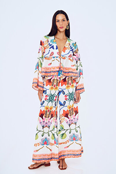 Quzu بنطلون برتقالي منقوش بأرجل واسعة