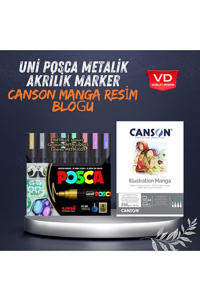 Uni 8-Piece Metallic Color Posca Painting Marker - Canson Illustration Manga Drawing Block Set