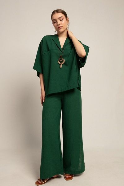 Suzi butik Emerald Green Linen Women's Set - 50374