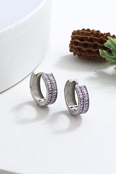 MySilvers Çift Sıra Zirkon Ametist Taşlı Küpe