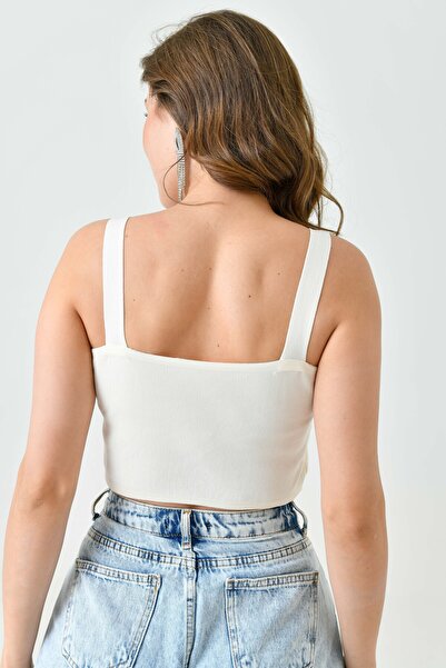 lovebox Stretchy Camisole Fabric - Στράπλες γιακάς Λευκή Crop Μπλούζα 8802