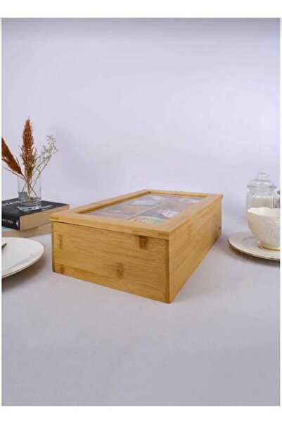 Dekoristanevi Bambu 8 Bölmeli Çay Kahve Bitki Çayı Saklama Kutusu 30x20x7cm