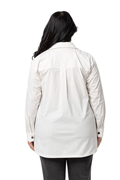 DISENTIS MODEST Ecru Plus Size Shirt - Snap Closure, Plateau, Cuff and Pocket