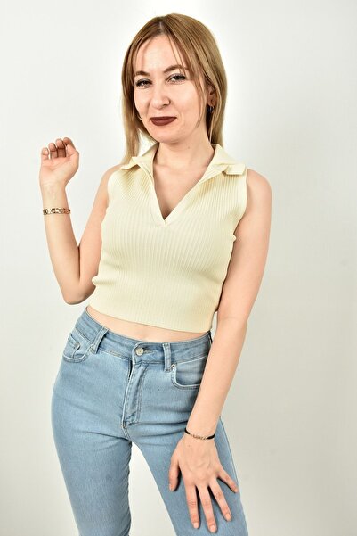 moda caddesi Yakalı Sıfır Kol V Yaka Örme Kadın Crop Badi
