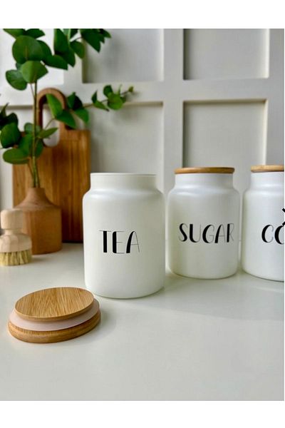 Kitchen Pembelia 3-Piece Bamboo Lid 800 ml Tea/Candy/Coffee Storage Jar Tea Sugar Coffee